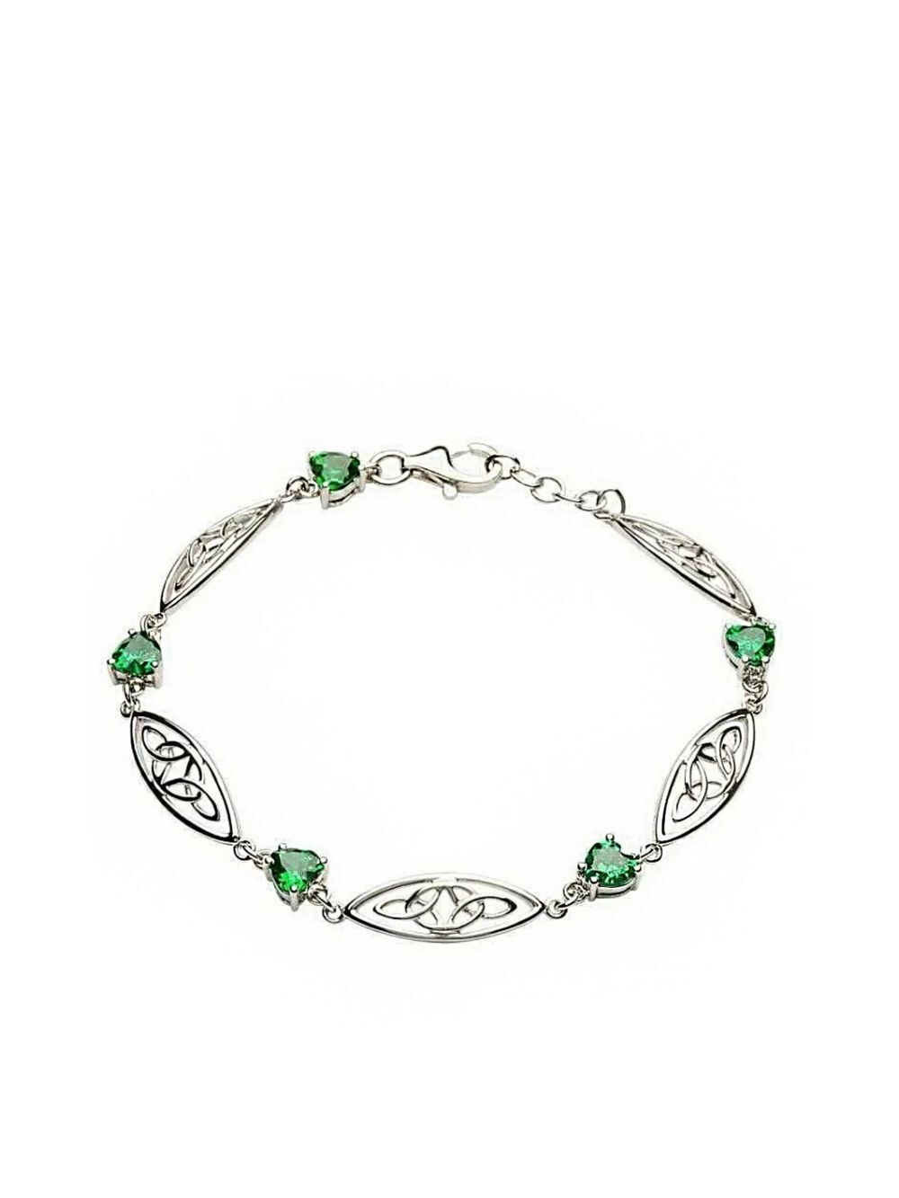Sterling Silver Shanore Celtic Trinity Bracelet with Green CZ Heart Accents 925